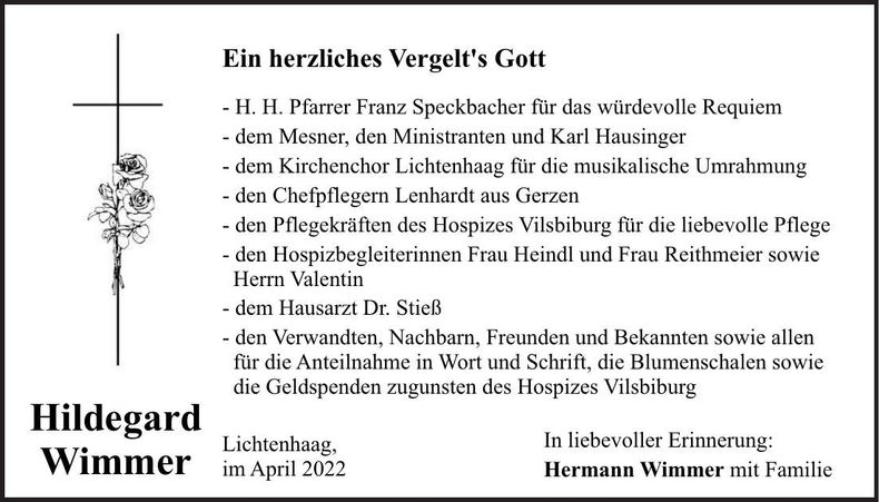 Traueranzeige Hildegard Wimmer