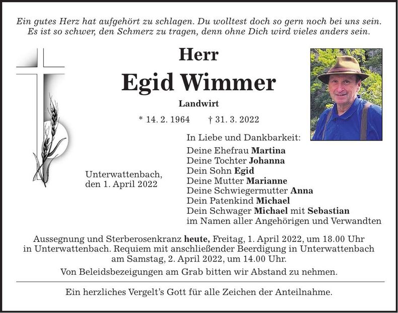 Traueranzeige Egid Wimmer