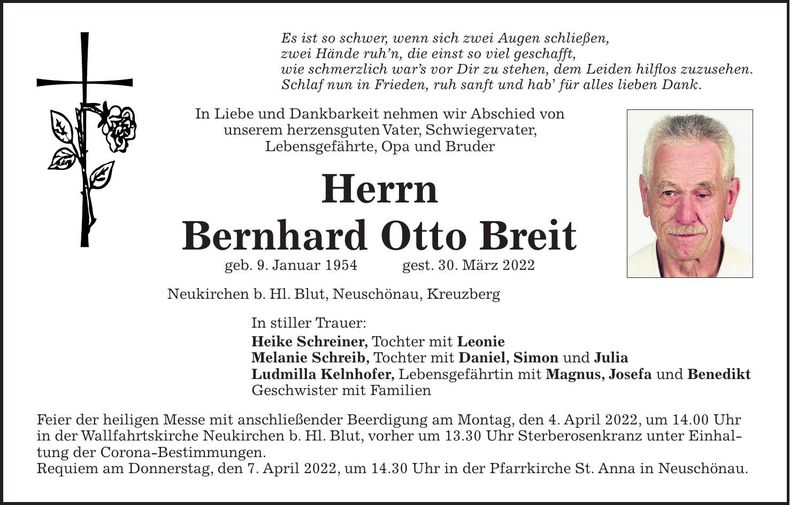Traueranzeige Bernhard Otto Breit