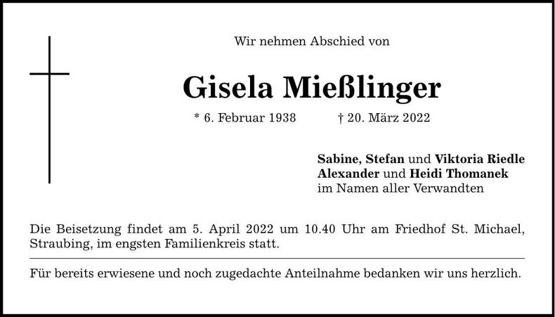 Traueranzeige Gisela Mießlinger