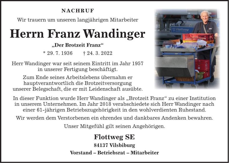Traueranzeige Franz Wandinger
