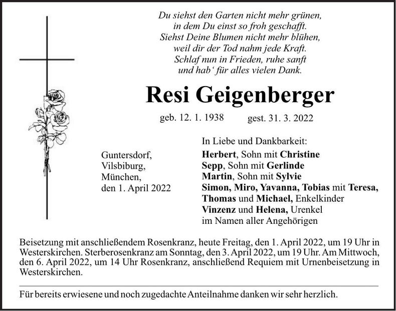 Traueranzeige Theresia Geigenberger