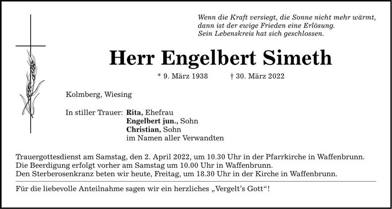 Traueranzeige Engelbert Simeth