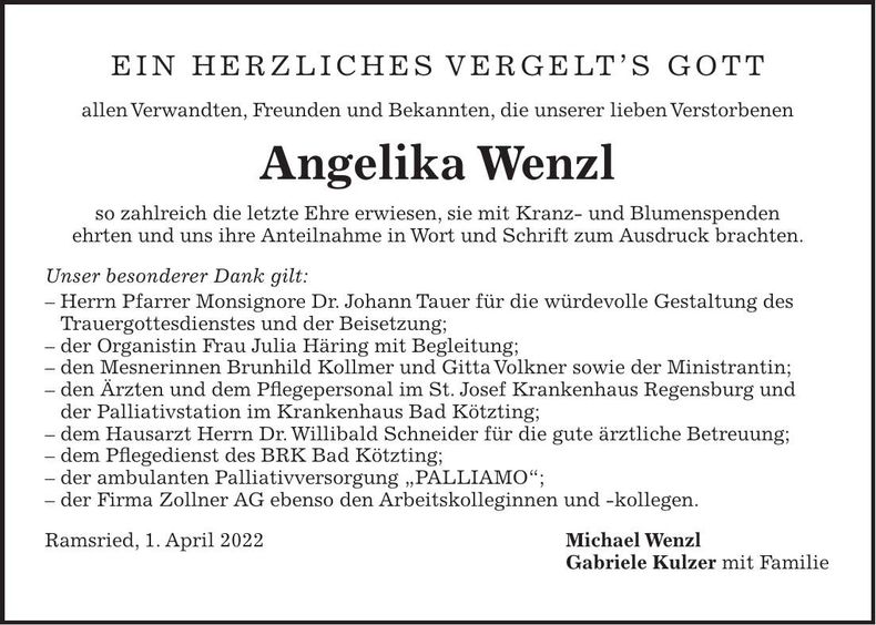 Traueranzeige Angelika Wenzl
