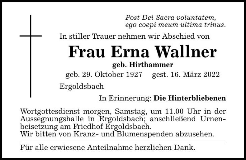 Traueranzeige Erna Wallner