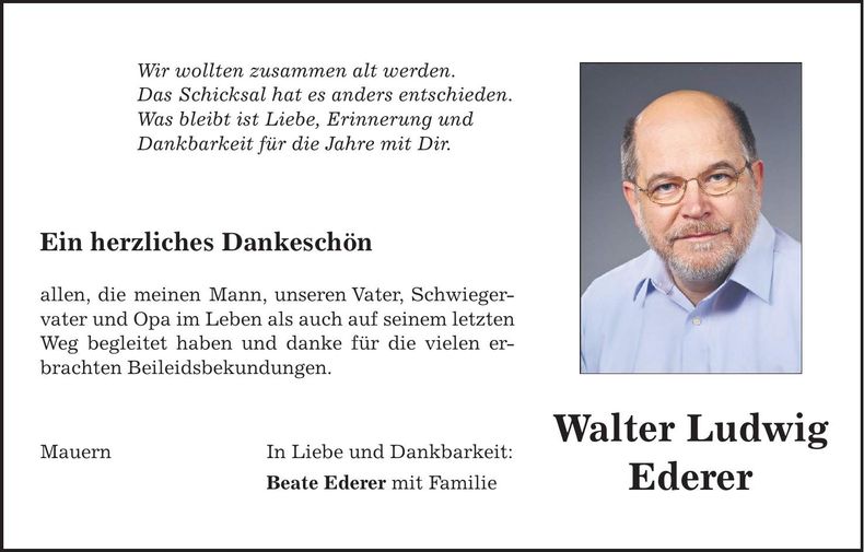 Traueranzeige Walter Ludwig Ederer