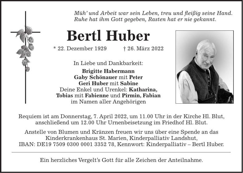 Traueranzeige Bertl Huber