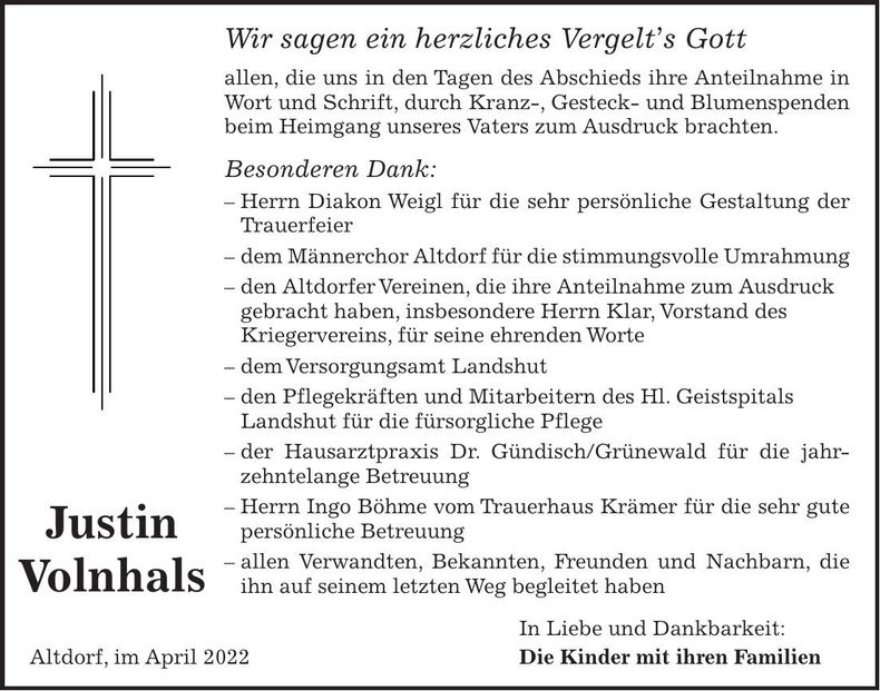 Traueranzeige Justin Volnhals