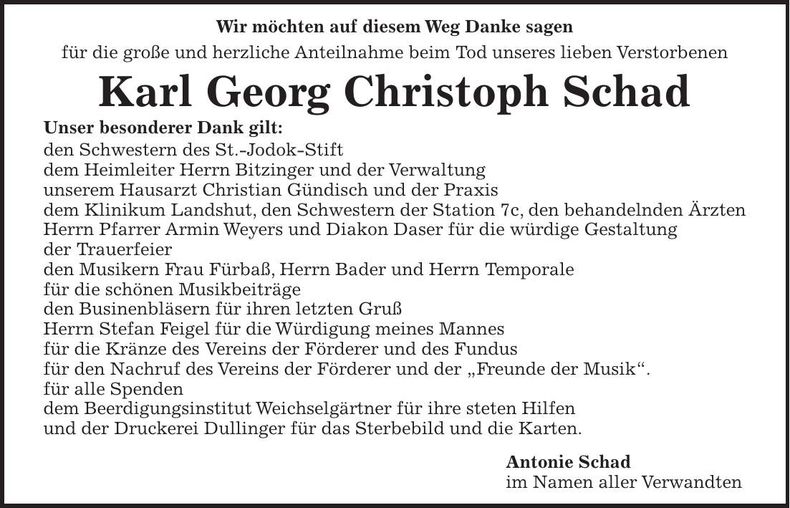 Traueranzeige Karl Georg Christoph Schad