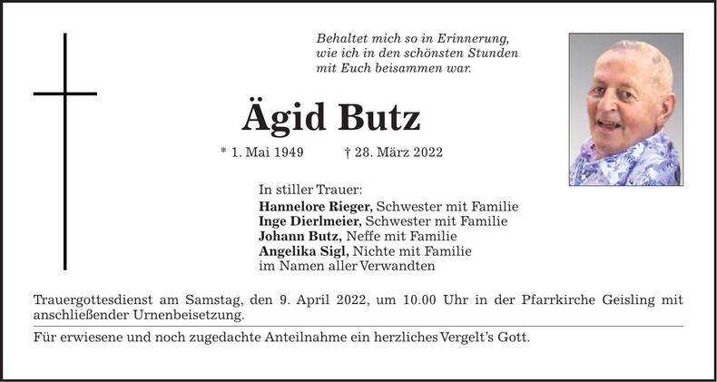 Traueranzeige Ägid Butz