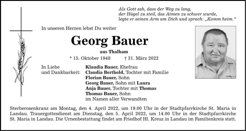 Traueranzeige Georg Bauer