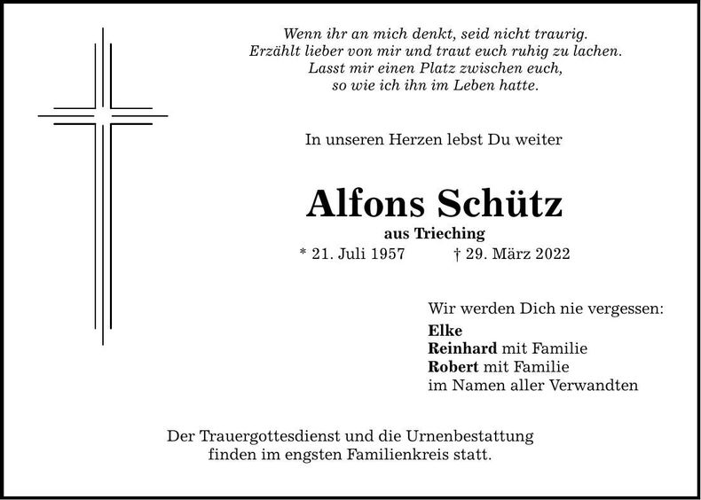 Traueranzeige Alfons Schütz