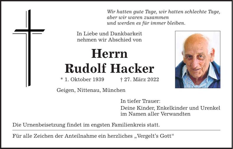 Traueranzeige Rudolf Hacker