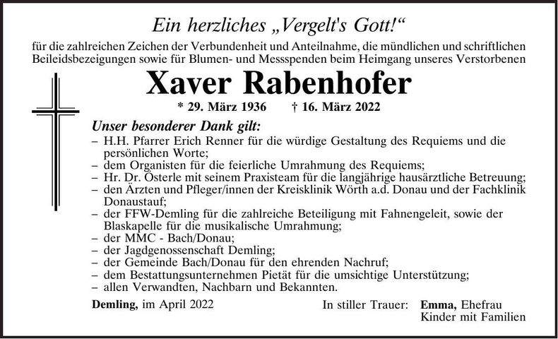 Traueranzeige Xaver Rabenhofer