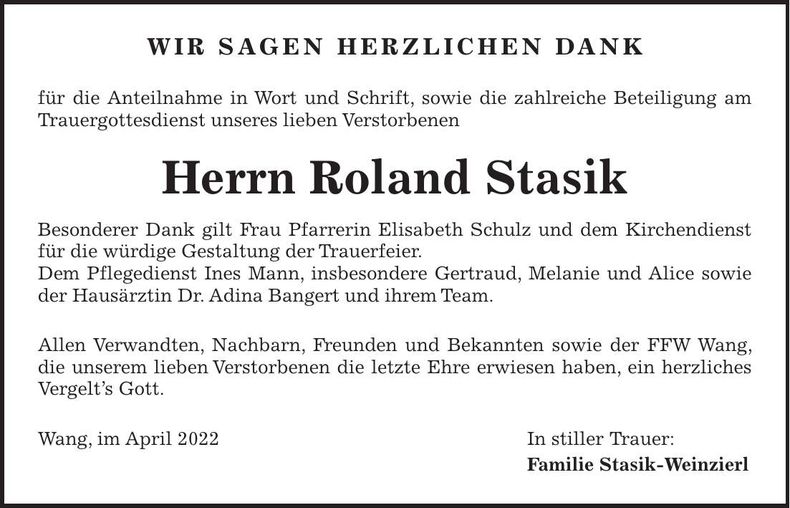Traueranzeige Roland Stasik