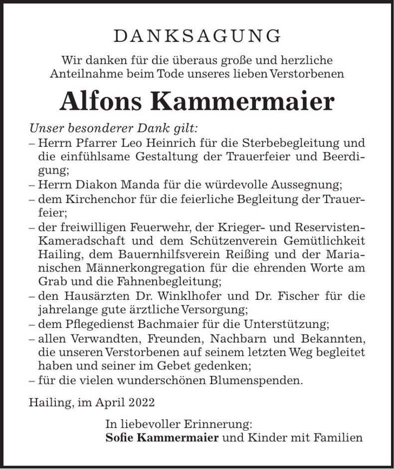 Traueranzeige Alfons Kammermaier