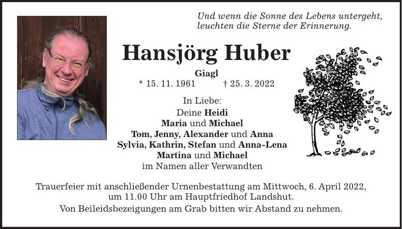 Traueranzeige Hansjörg Huber