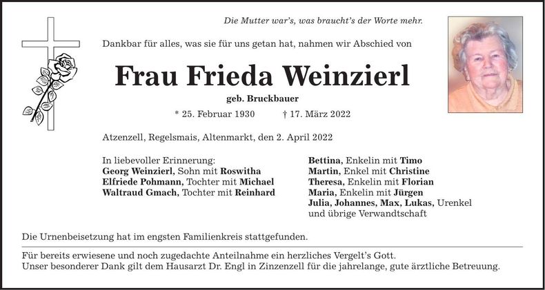 Traueranzeige Frieda Weinzierl