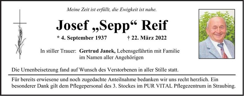 Traueranzeige Josef Reif