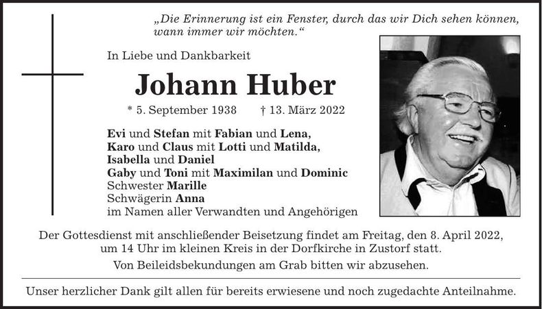 Traueranzeige Johann Huber