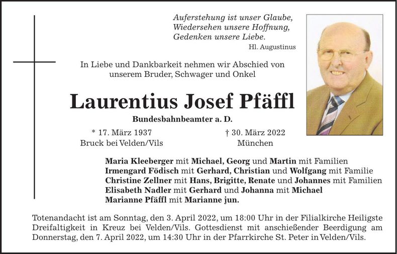Traueranzeige Laurentius Josef Pfäffl