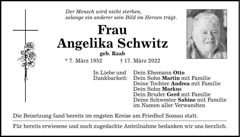 Traueranzeige Angelika Schwitz
