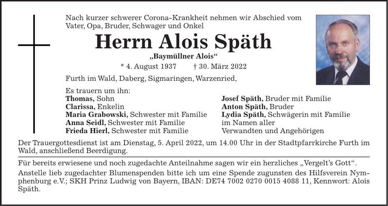 Traueranzeige Alois Späth