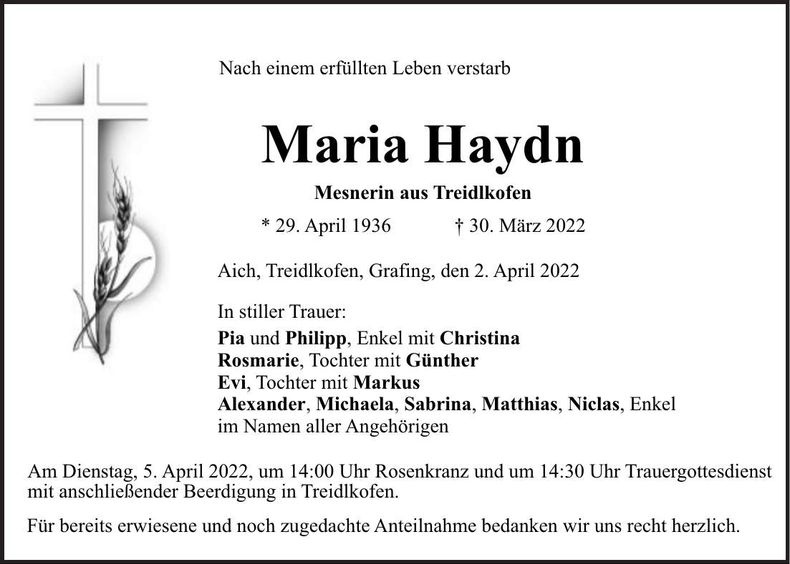 Traueranzeige Maria Haydn