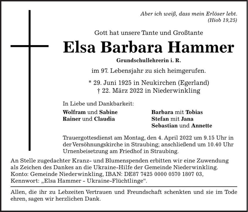 Traueranzeige Elsa Barbara Hammer