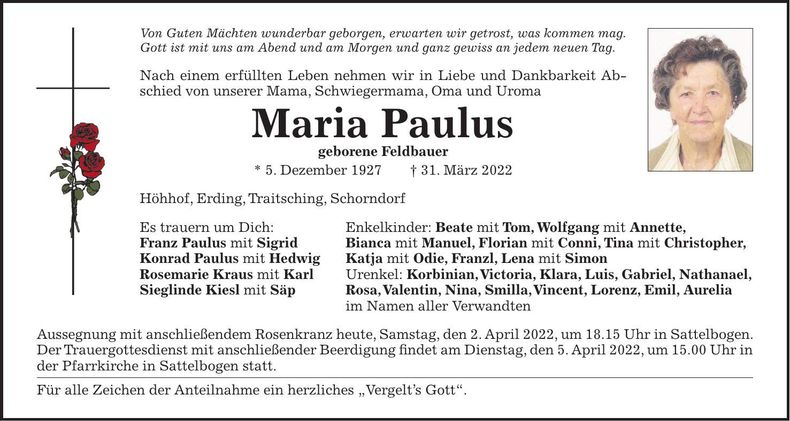 Traueranzeige Maria Paulus