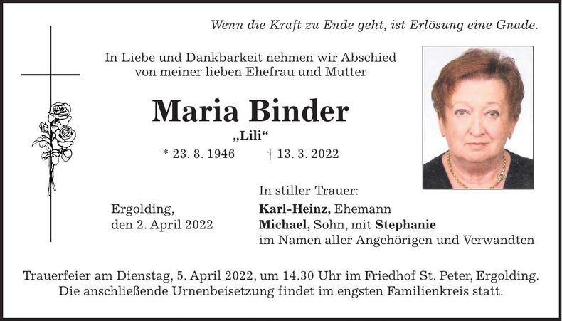 Traueranzeige Maria Binder