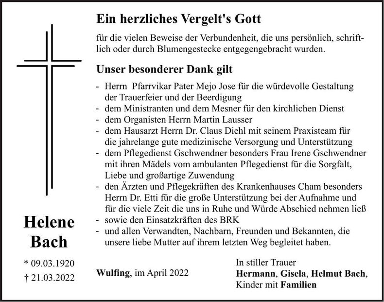 Traueranzeige Helene Bach