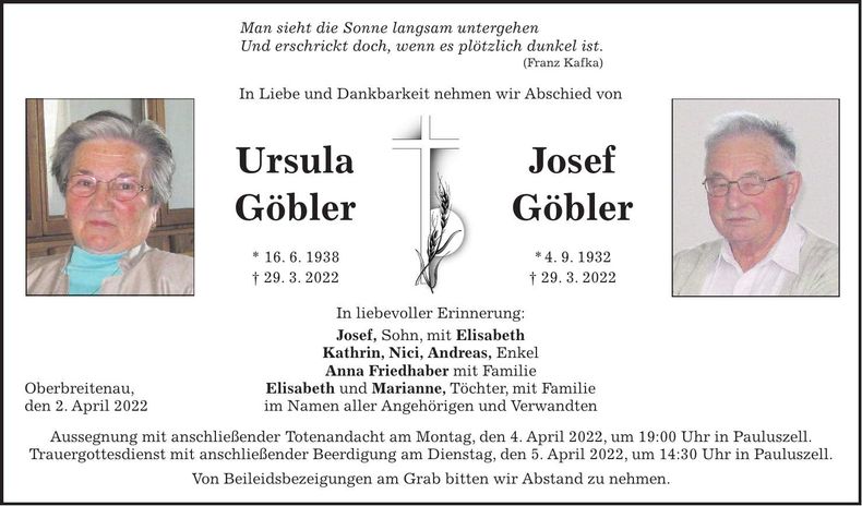 Traueranzeige Ursula, Josef Göbler