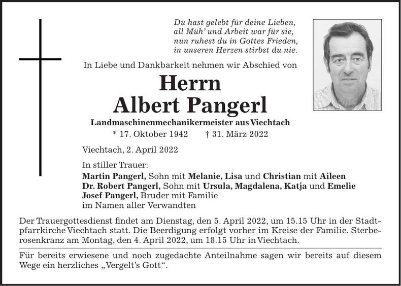 Traueranzeige Albert Pangerl