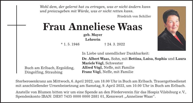 Traueranzeige Anneliese Waas