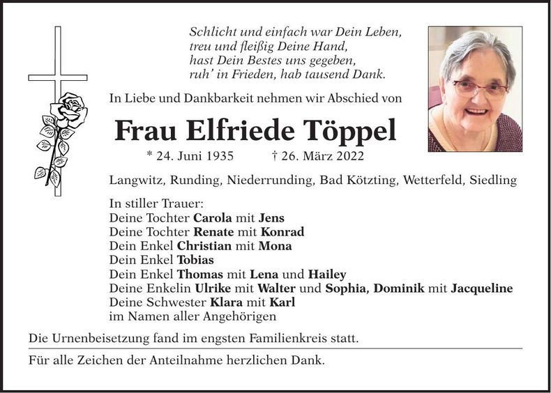 Traueranzeige Elfriede Töppel