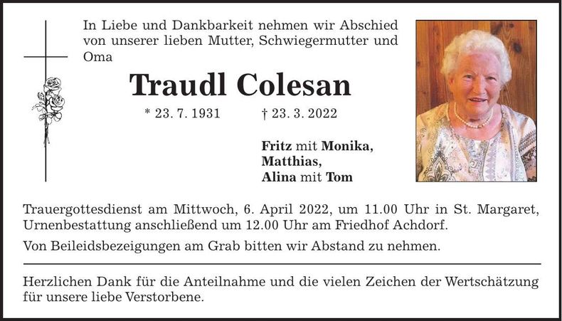 Traueranzeige Traudl Colesan