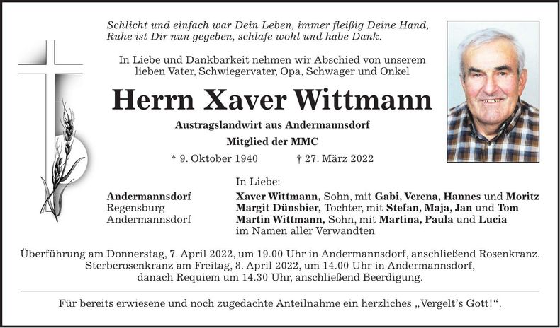 Traueranzeige Xaver Wittmann