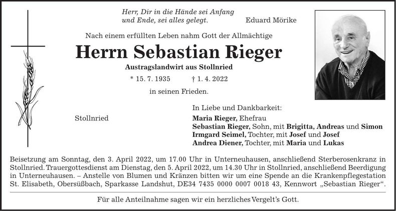 Traueranzeige Sebastian Rieger