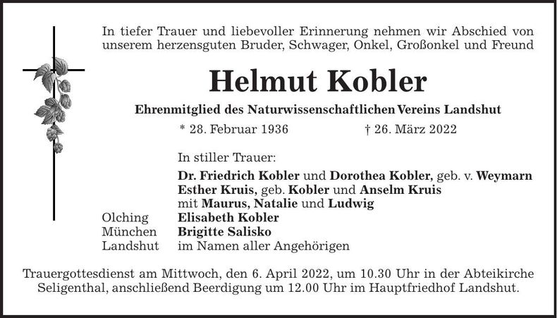 Traueranzeige Helmut Kobler