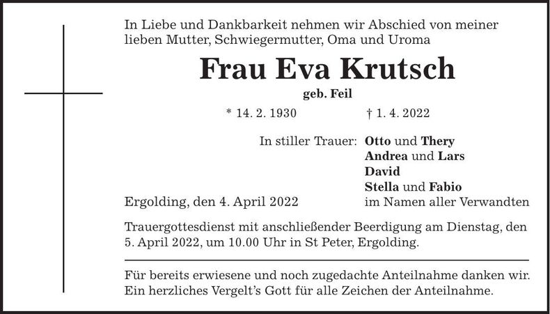 Traueranzeige Eva Krutsch
