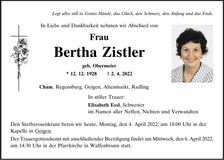 Traueranzeige Bertha Zistler