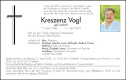 Traueranzeige Kreszenz Vogl