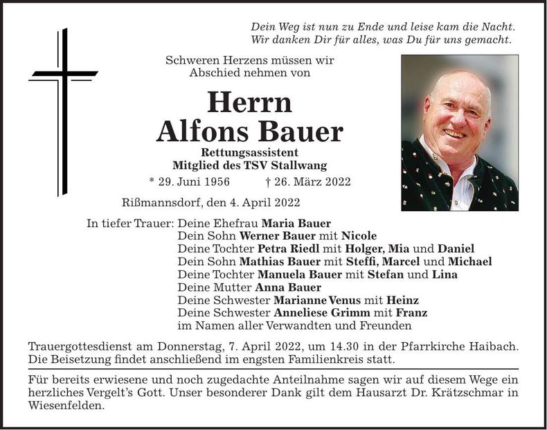 Traueranzeige Alfons Bauer