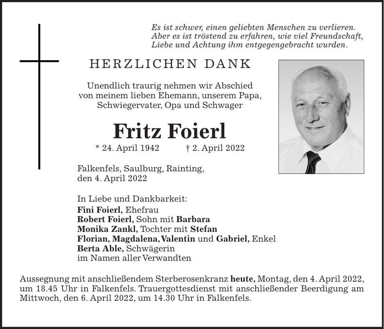 Traueranzeige Fritz Foierl