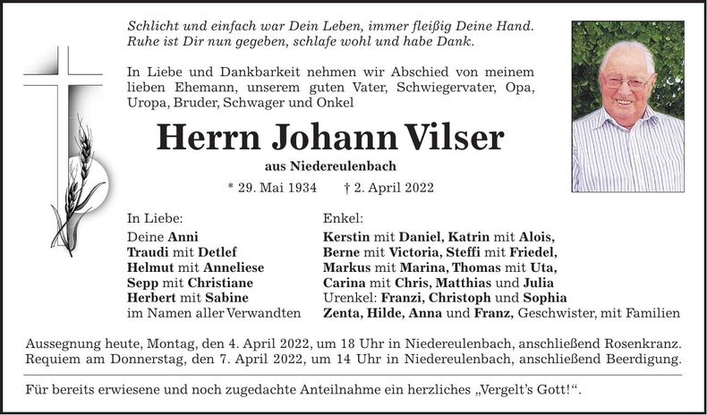 Traueranzeige Johann Vilser