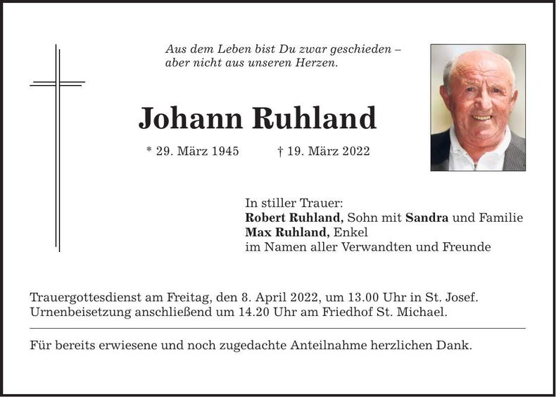 Traueranzeige Johann Ruhland