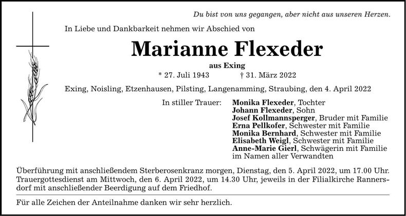 Traueranzeige Marianne Flexeder