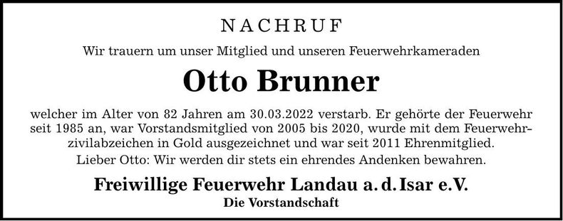 Traueranzeige Otto Brunner