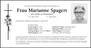 Traueranzeige Marianne Spagert